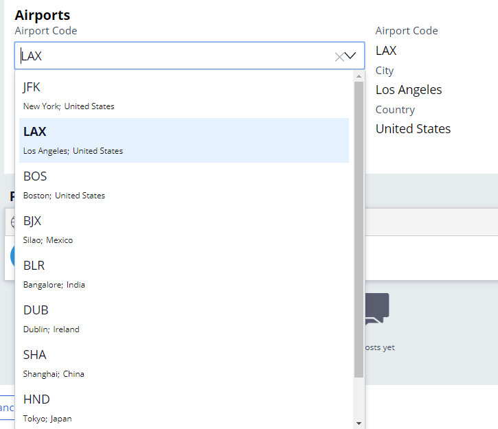 airports data type drop down selection