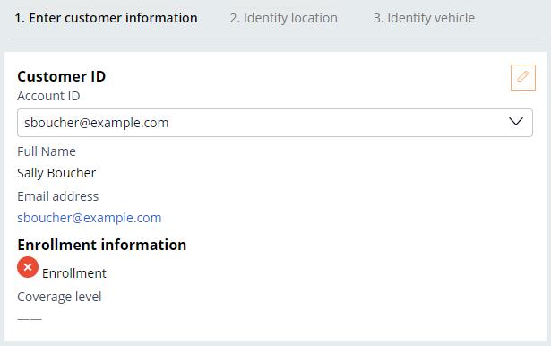 Enter customer information view with sboucher@example.com account selected