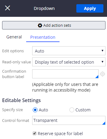 Presentation tab when editing a control