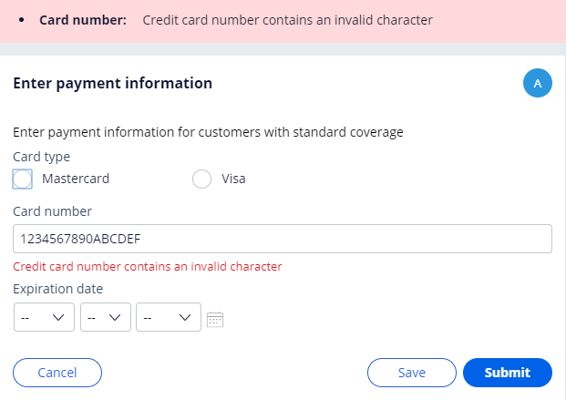 Validation of the card number field fails, prompting the user with an error message