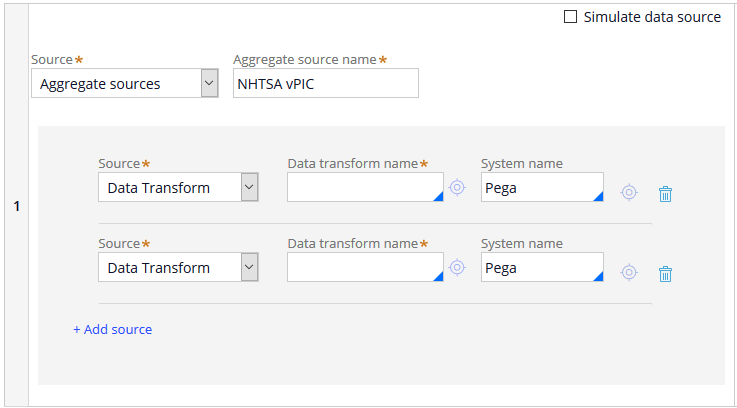 Data page configured with an aggregate source consisting of two data transform calls
