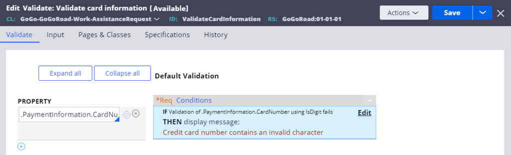 Validate card information condition