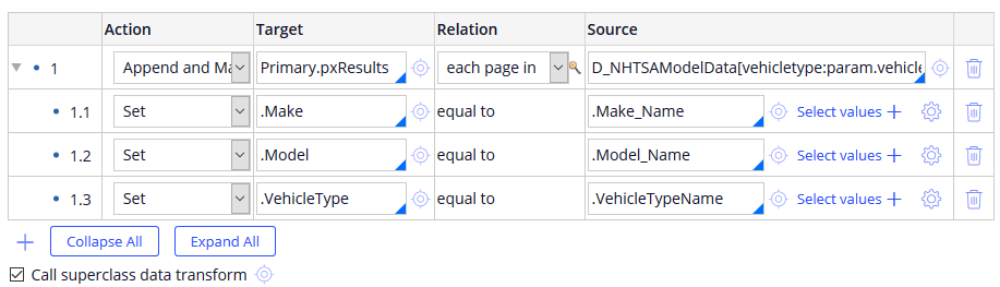 Definition tab of the MapModels data transform, demonstrating the completed configuration