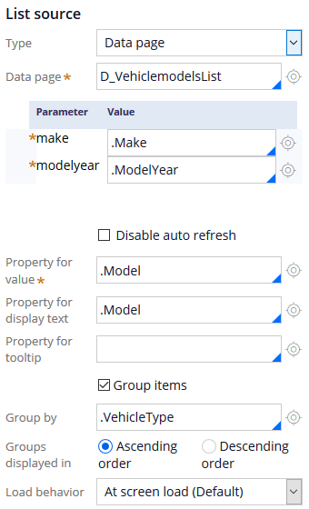 Configuration of the Model drop-down to display the list of vehicle models based on the make and model year provided by the user