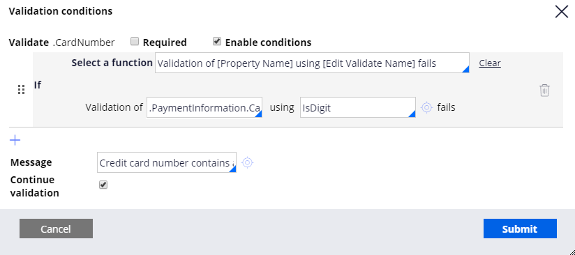 IsDigit edit validate rule applied to the card number entered by the user