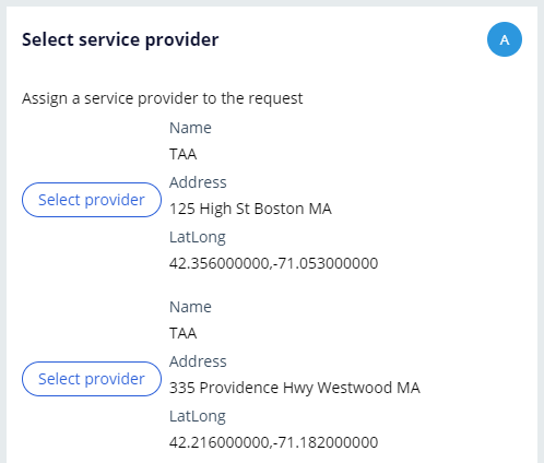 Select service provider view with repeating dynamic layout