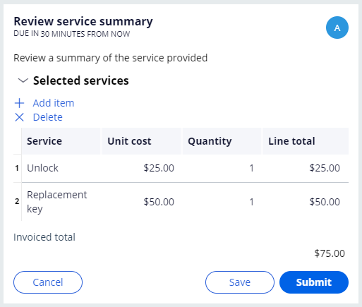 Review service summary displays the correct values