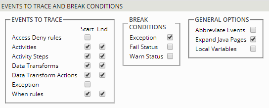 Tracer Events to Trace and Break Conditions section