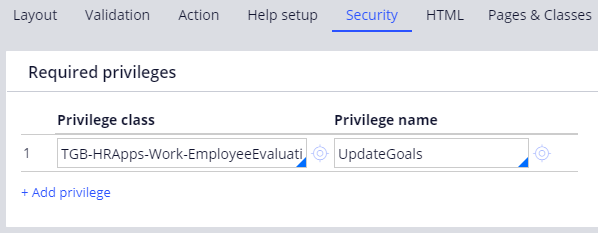 Update goals flow action Security tab with the Privilege named UpdateGoals