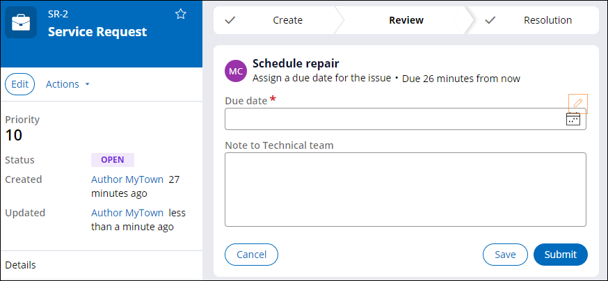 Service Request case has the status of Open when returned to the Review stage