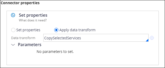 connector properties CopySelectedServices data transform