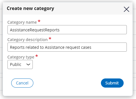 Create new report category dialog box