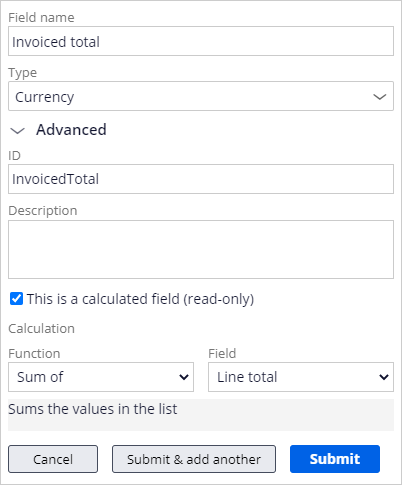 Invoiced total field configuration