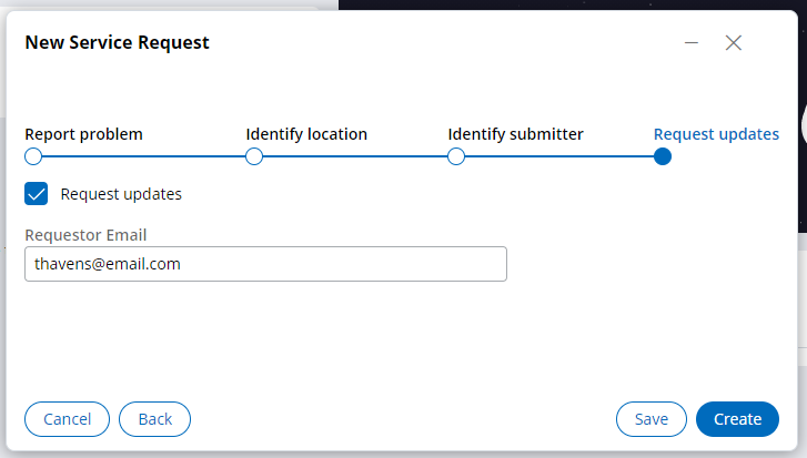 Request updates view with the Requestor email field filled out