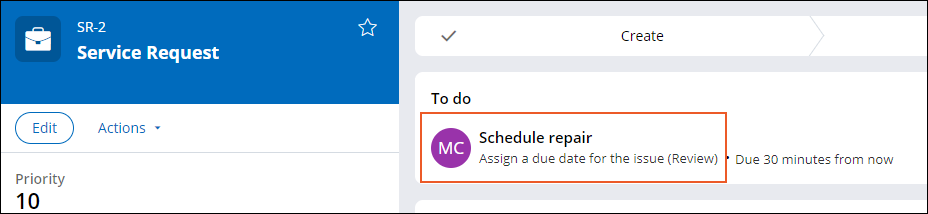 A service request case currently on the Schedule repair step, assigned to the Municipal Services Coordinator.