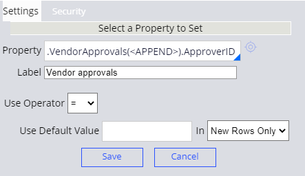 Configuration of the Actions header in the Vendor Approvals decision table