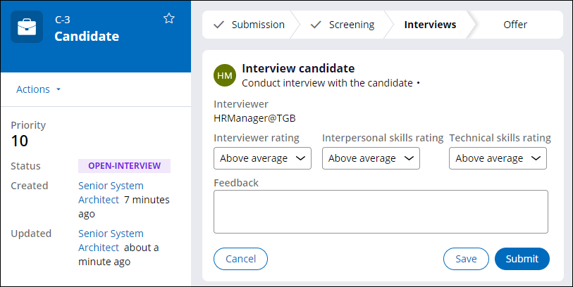 Interview candidate step with status of Open-Interview
