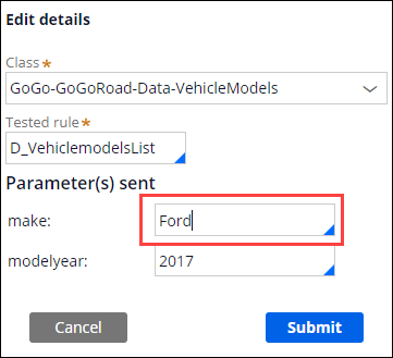 Changing the value of the make parameter from Tesla to Ford.