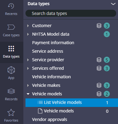 The Data types explorer, with the Vehicle models data type expanded and the List Vehicle models data page selected.