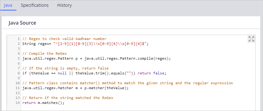 Java code for validating the format of an entered Aadhaar ID.