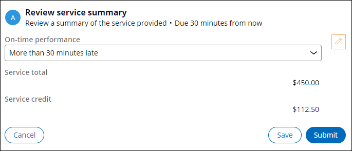 Review service summary view with More than 30 minutes late selected