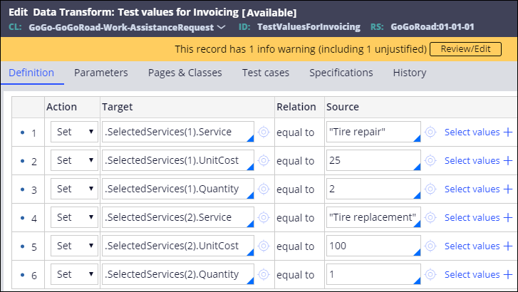 Test values for invoicing data transform