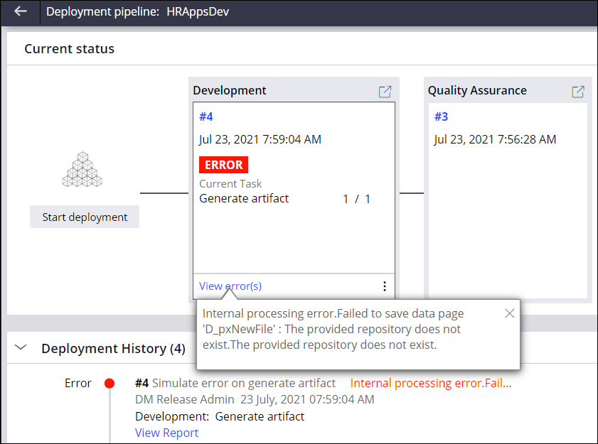Image depicts on the pipeline dashboard, in the Development stage, clicking View Error(s) displays the errors that caused the deployment to fail. You can review the errors from this screen.to review them .